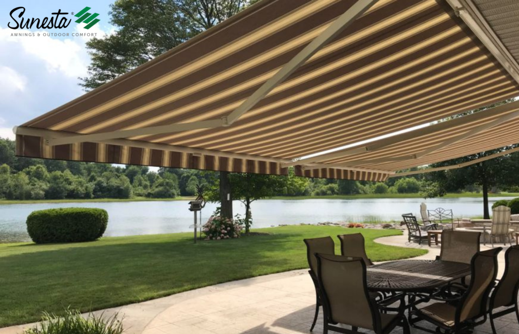 Brown striped retractable awning by Sunesta.