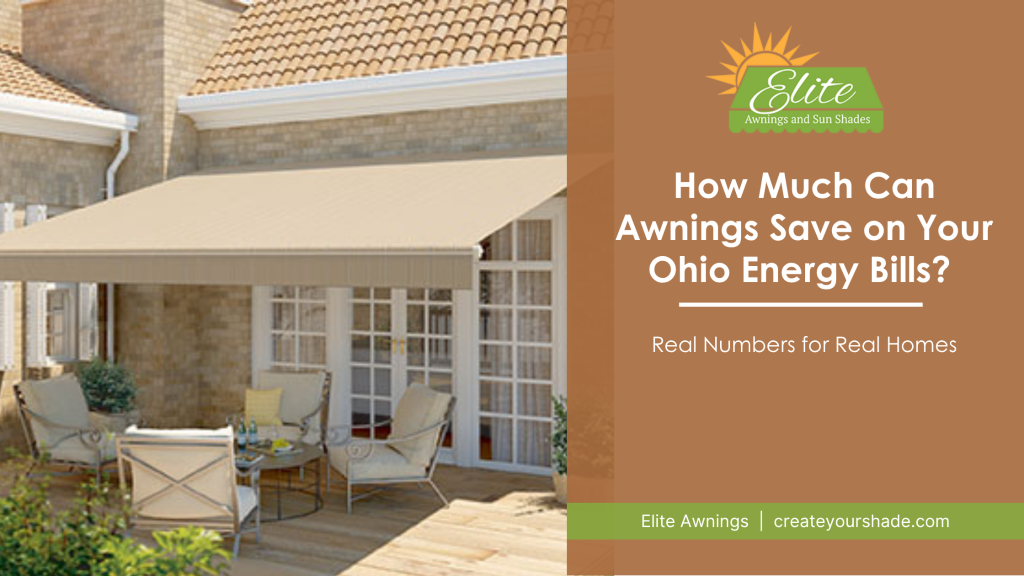 An Ohio residency with a backyard patio shaded by a tan Sunesta retractable awning.